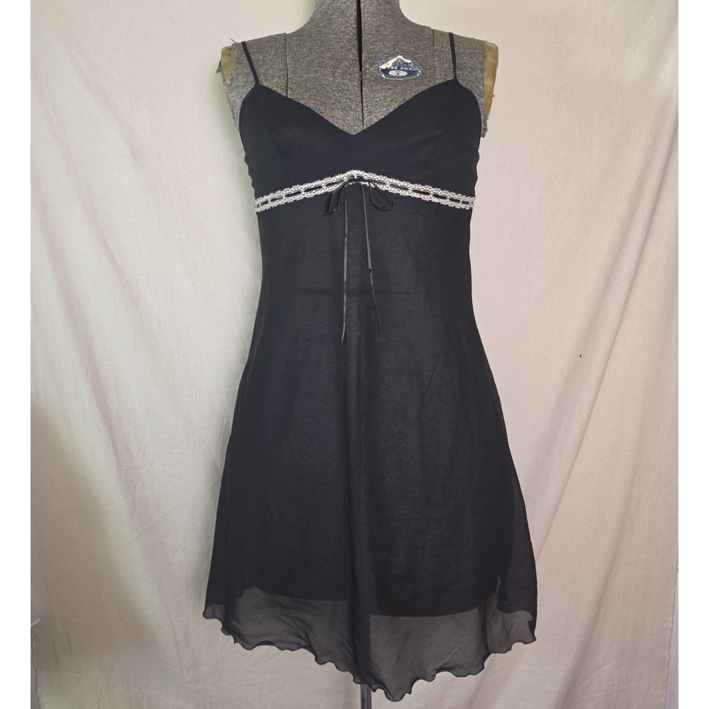 Vintage 90s Y2K Koba Paris Black Slip Dress Mini Silk? Lace Detail Bow Sheer S
